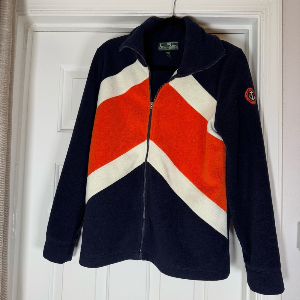 Vintage Ralph Lauren Navy and Orange Zip-Up Fleece Jacket Size Large